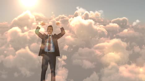 Animation-of-biracial-businessman-with-arms-outstretched-over-sky-with-clouds