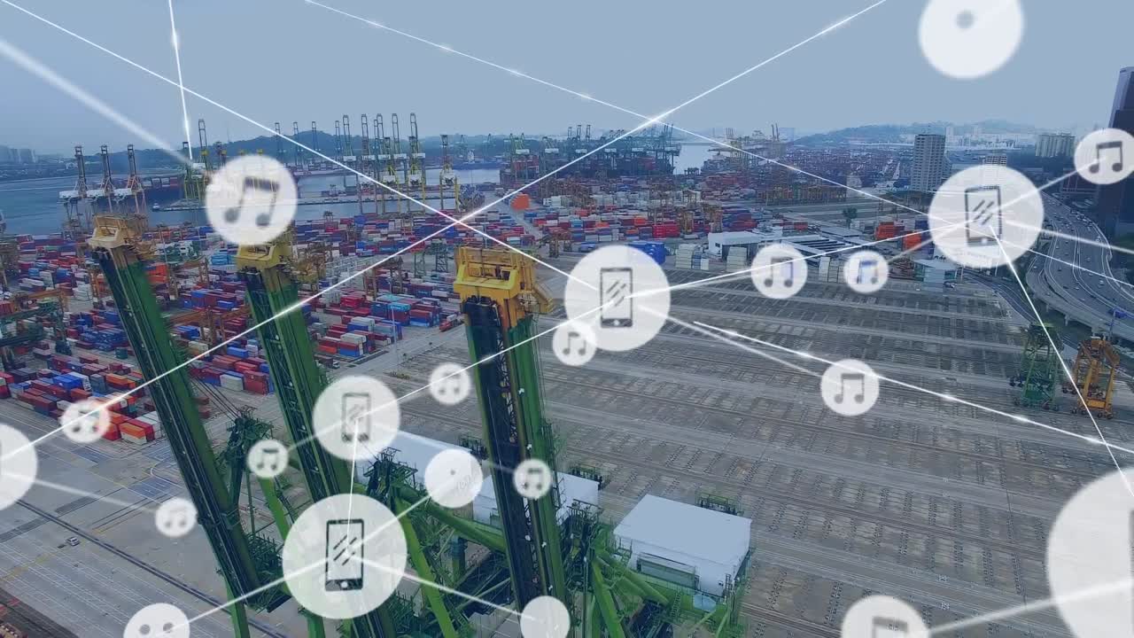 조선소 위의 아이콘과 연결 네트워크의 애니메이션