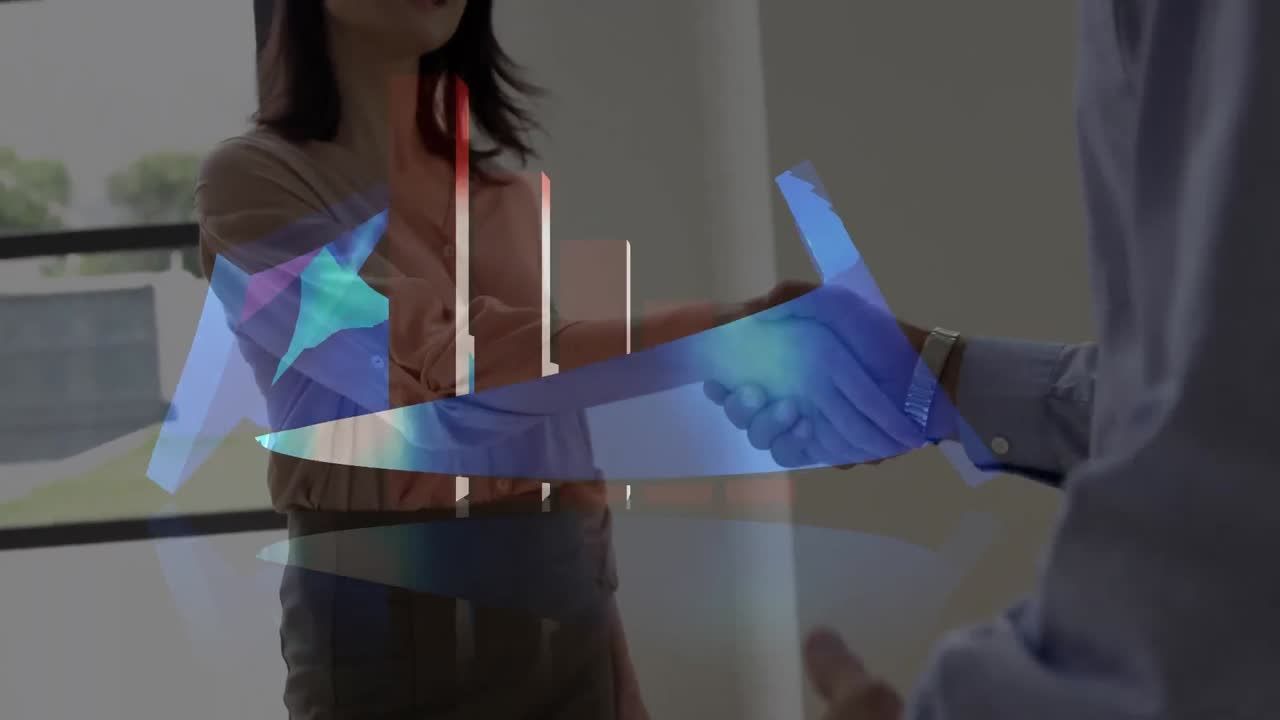 procesamiento de datos estadísticos contra un hombre de negocios caucásico y una mujer de negocios que se dan la mano