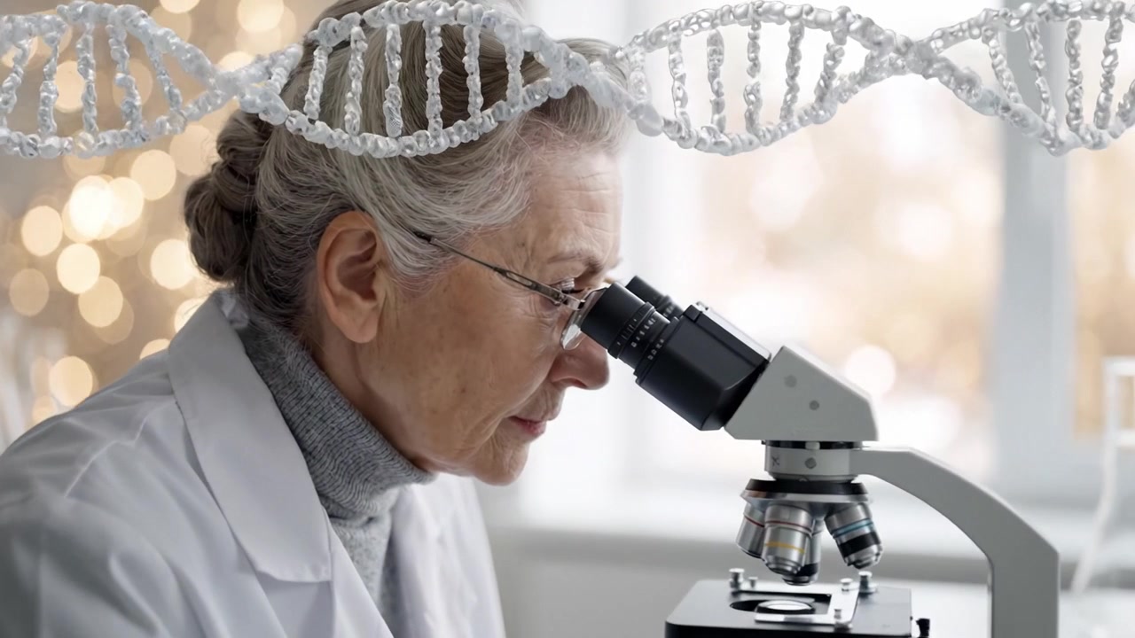 Uno scienziato dedicato che analizza materiale genetico attraverso un microscopio, illuminato dalle complessità della struttura del DNA in un moderno ambiente di laboratorio.