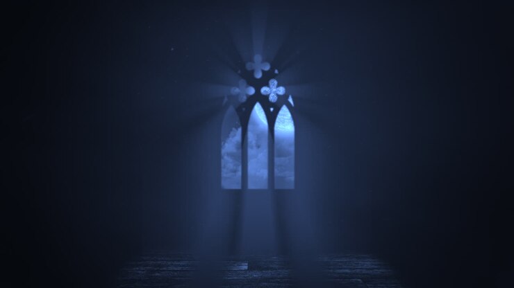 Window of old castle with blue light and crosses in night