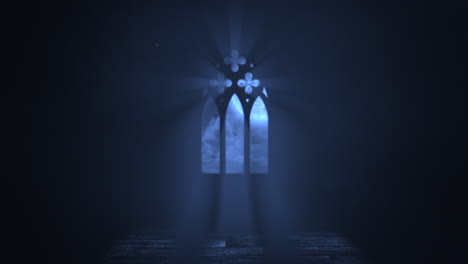 window of old castle with blue light and crosses in night