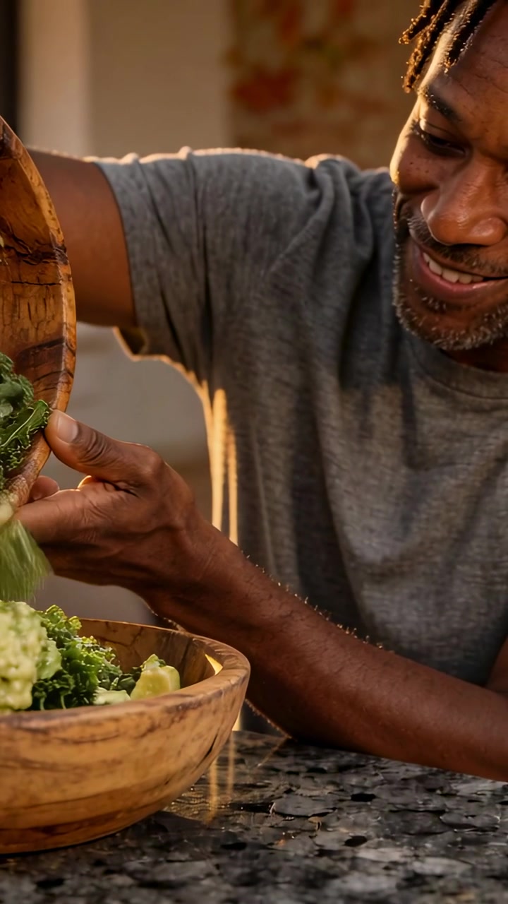 Vidéo verticale: Inclinant un bol, homme en t-shirt gris versant des légumes verts préparant une salade à la maison, espace pour le texte
