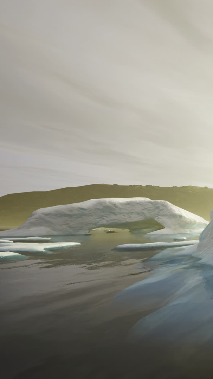 Ice formation on water under cloudy sky near mountains in the morning