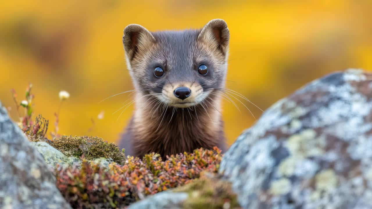 Close-up of a curious marten peeking between rocks with a blurred autumn background, captured at eye