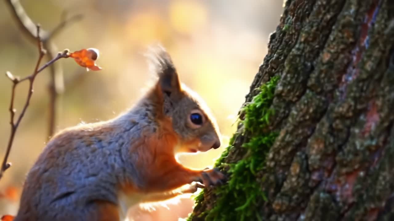 A Curious Squirrel Exploring Its Natural Habitat Full of Colorful Leaves and moss, Showcasing the Beauty of Wildlife and Autumn Serenity in the Forest