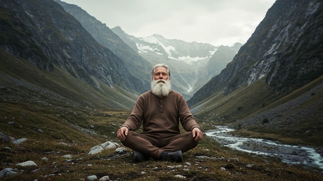 A Serene Elderly Man Meditates in a Majestic Mountain Valley Surrounded by Lush Greenery and Rolling Hills, Embracing the Tranquility of Nature