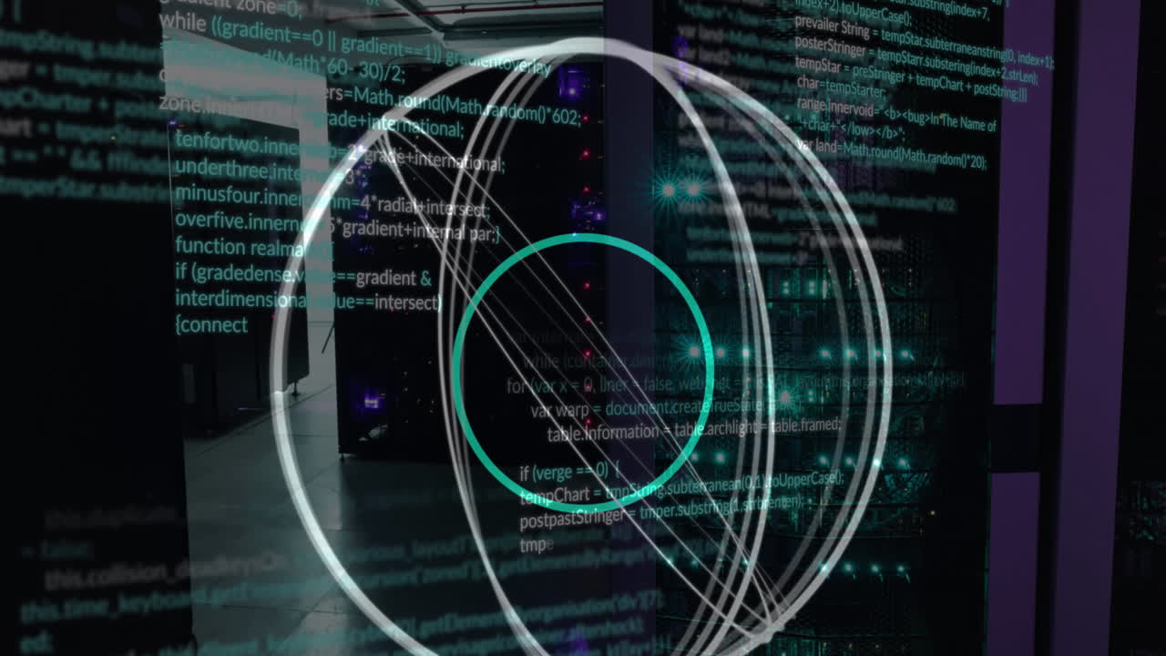 Animation of abstract circular shapes spinning and data processing against computer server room