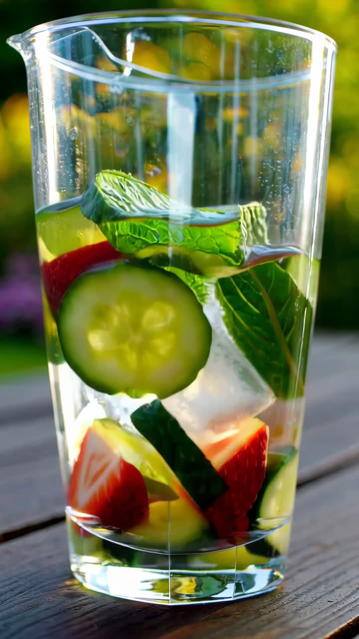 Preparing Refreshing Fruit-Infused Water with Strawberries, Cucumber, and Mint