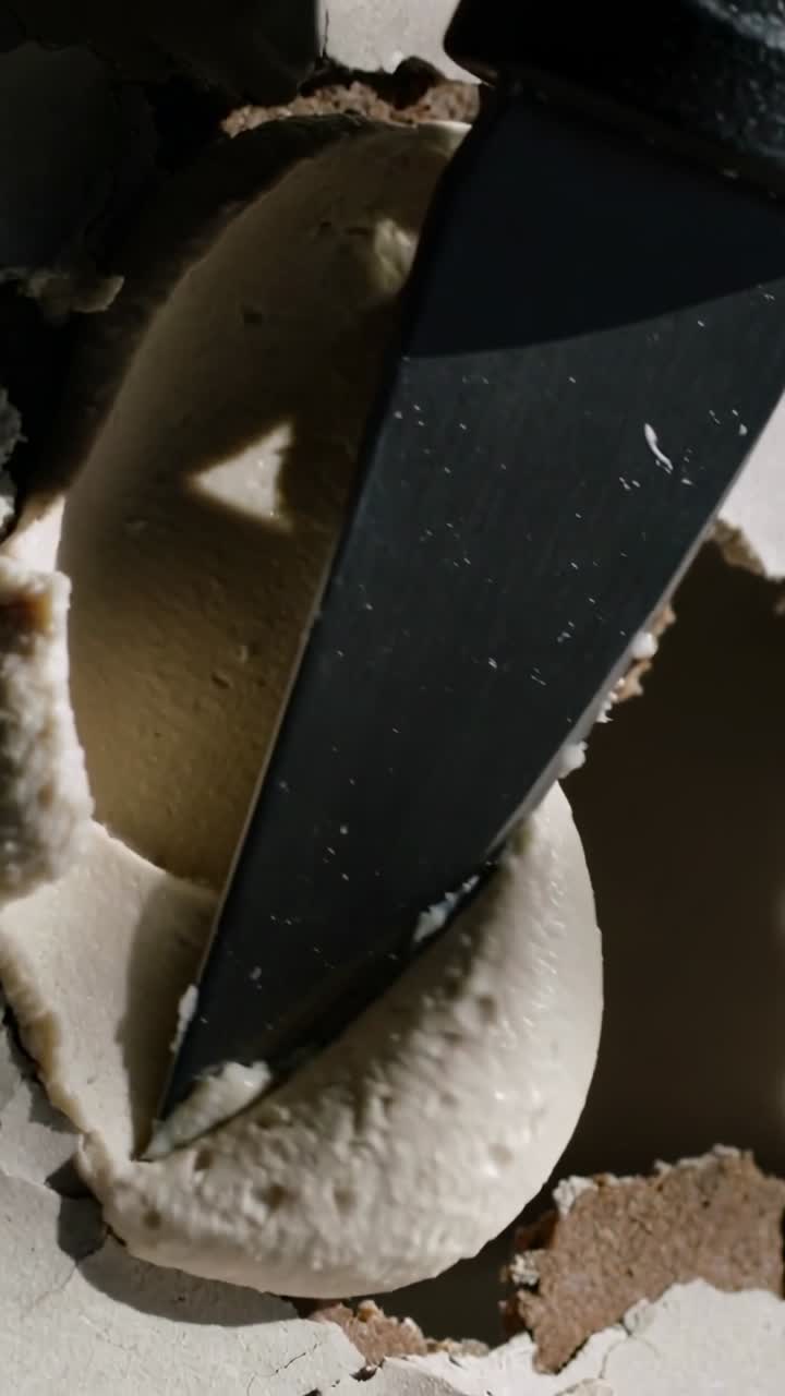 Video verticale: Premendo una lama multiuso nera in un tappo chiaro su un muro a secco, aprendo una cavità a strati