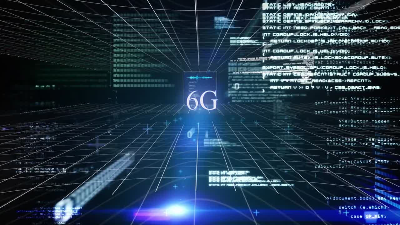 animación de banner de texto de 6g, puntos de luz azul y pantallas con procesamiento de datos sobre fondo negro
