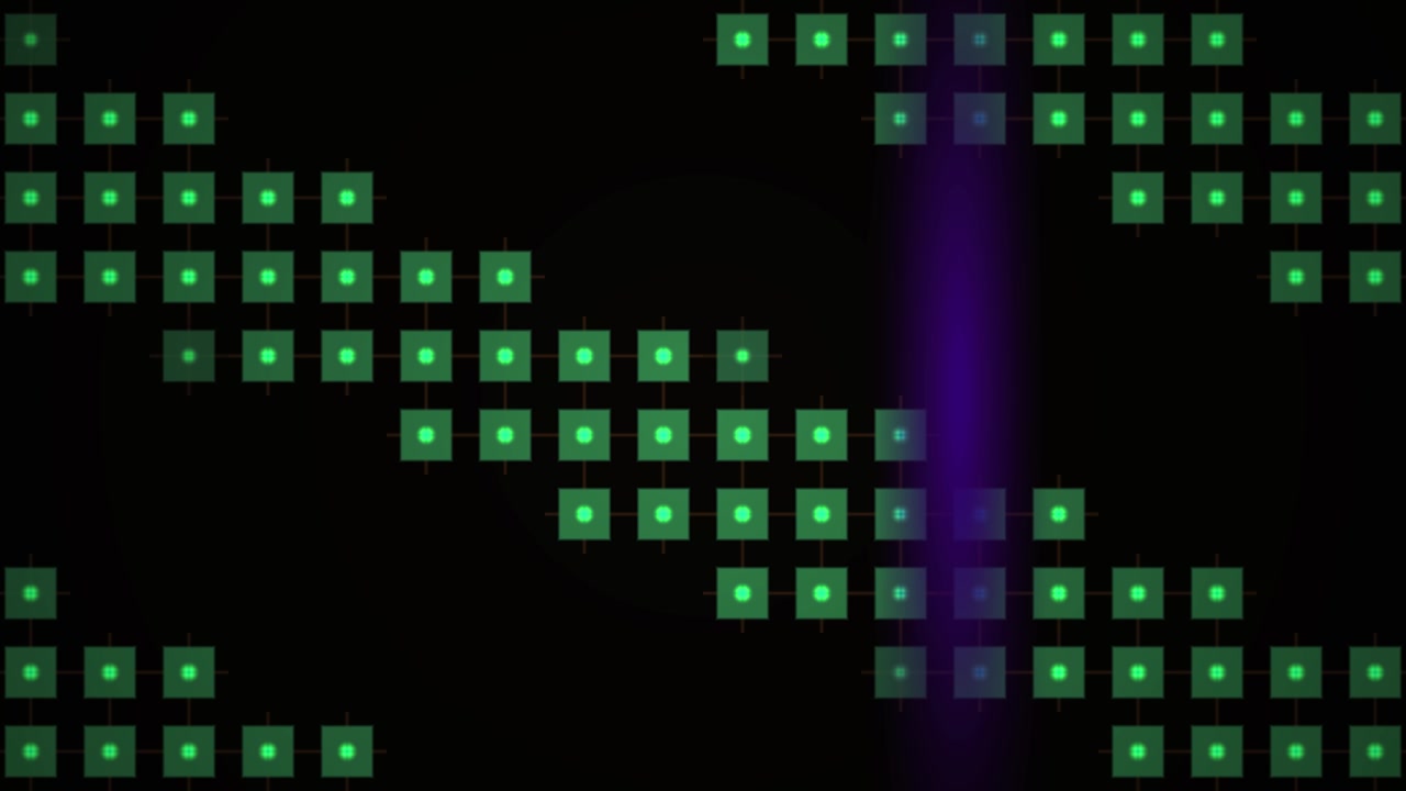 Abstract Digital Grid with Green Squares and Scanning Purple Light