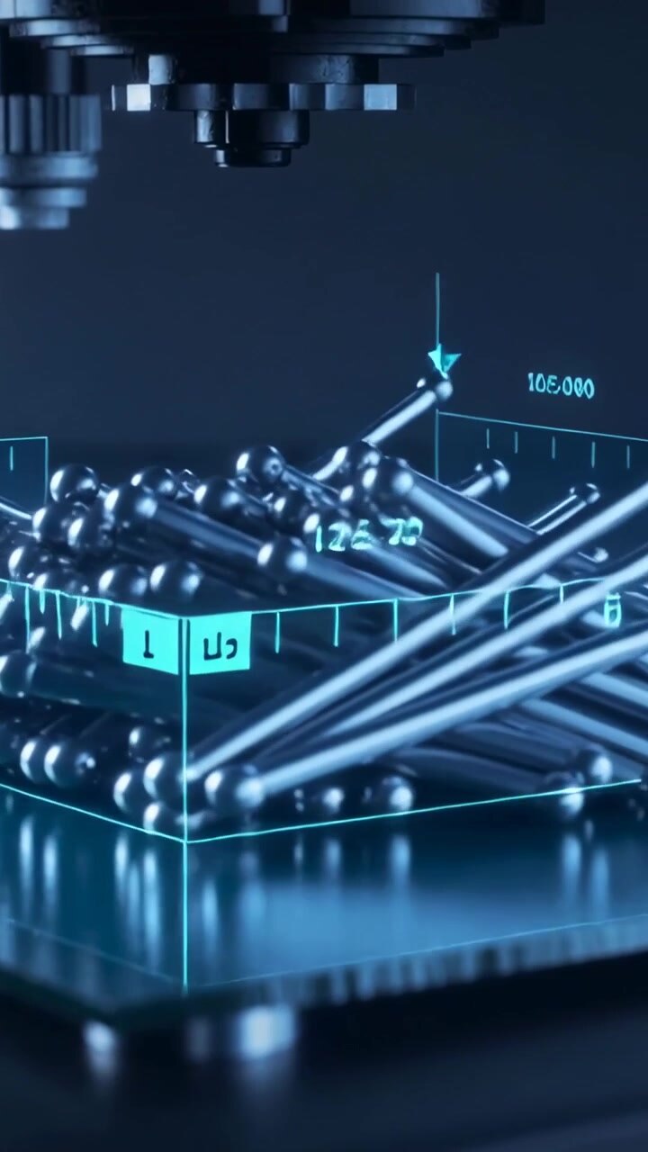 Vertical video: Scanning probe detecting marker, measuring reflective rods in lab on glass platform