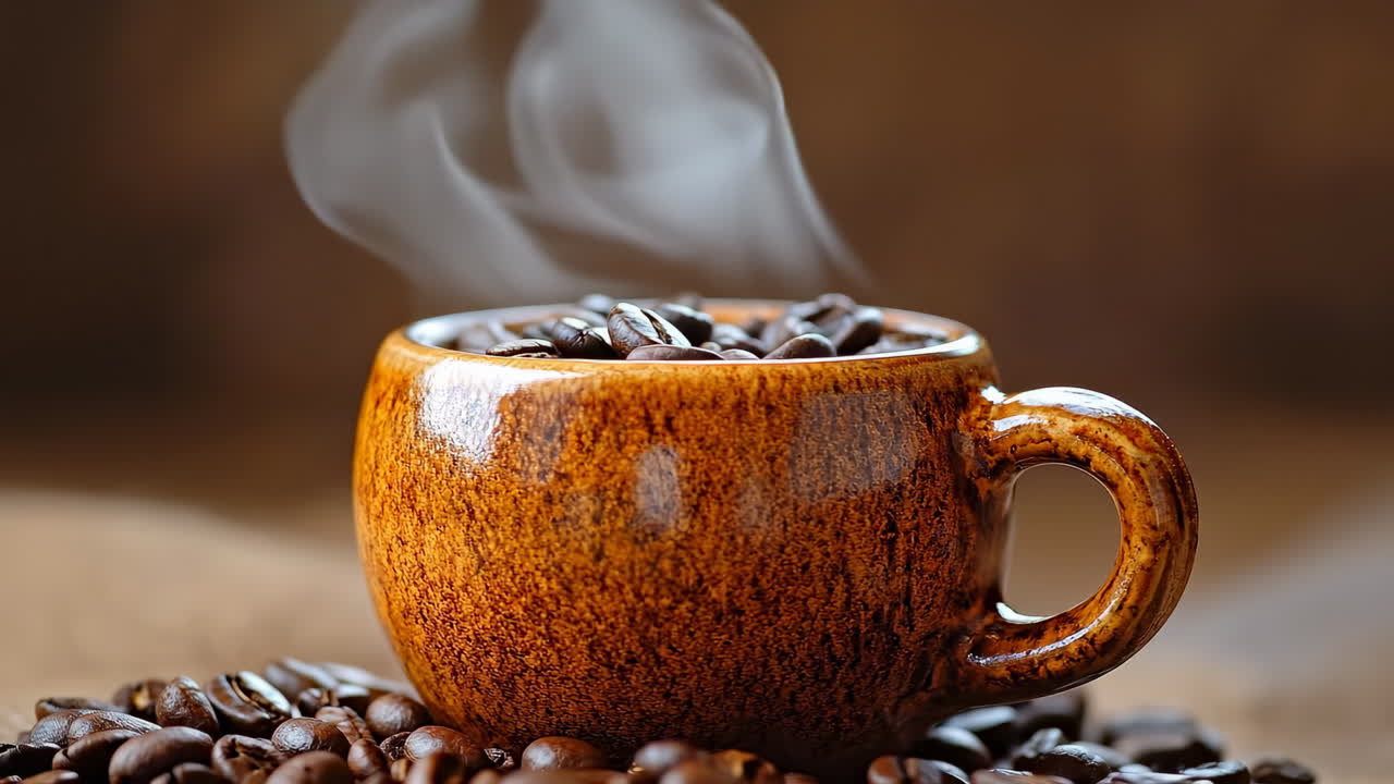 Ceramic cup filled with roasted coffee beans. Close up of brown ceramic mug overflowing with whole dark roasted coffee beans and rising steam against blurred background