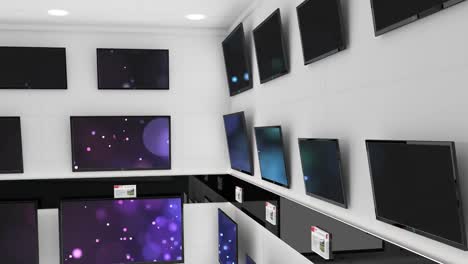 animación de filas de aparatos de televisión en la tienda con pantallas brillantes con espacio de copia
