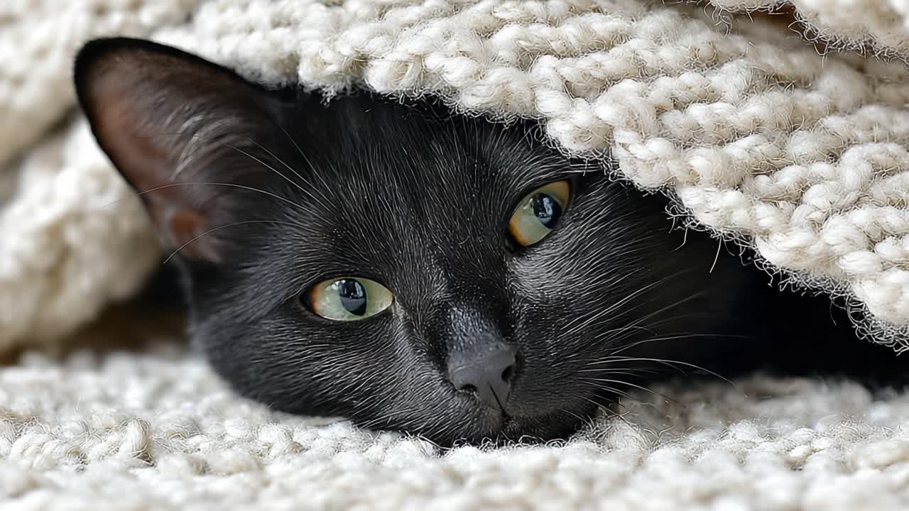 Un accogliente gatto nero che sbircia da sotto una morbida coperta, mettendo in risalto i suoi sorprendenti occhi verdi e un'espressione giocosa in un ambiente caldo e confortevole.