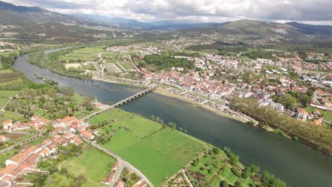 drone shot city of ponte de lima and river lima in portugal