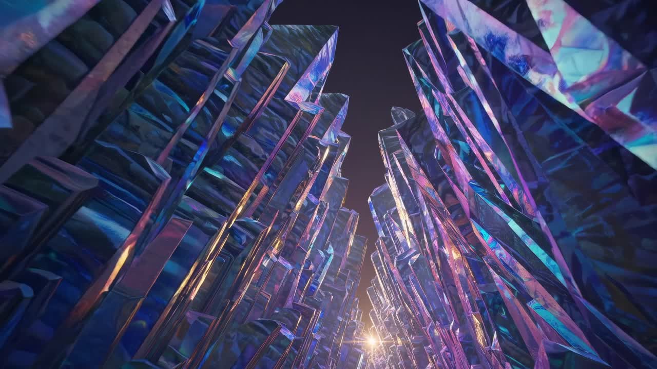 Vibrant crystal formations create a mesmerizing pathway, showcasing a stunning interplay of light and color, leading viewers through a captivating visual journey of shimmering textures