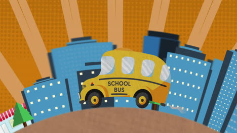 school bus moving against cityscape in background