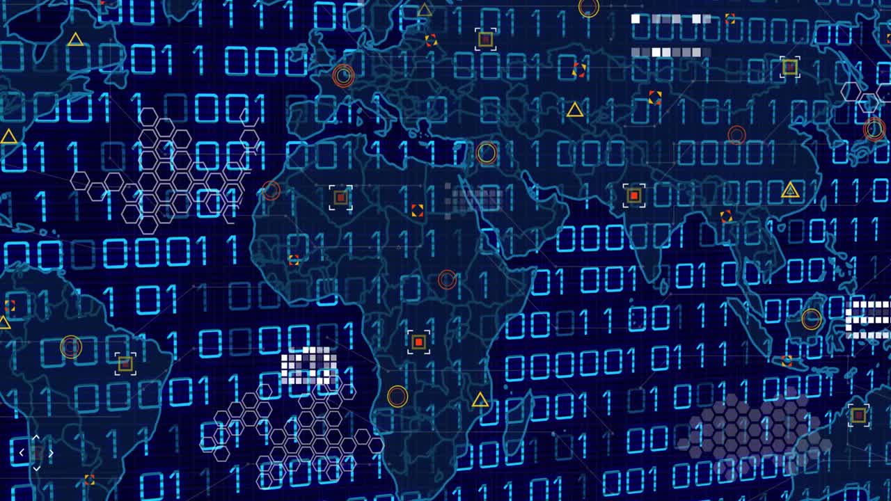Animation of blue binary coding over world map and data processing on blue background