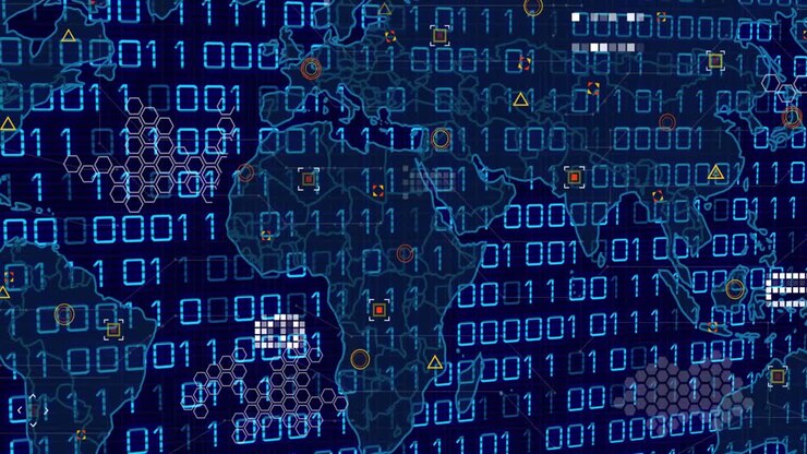 Animation of blue binary coding over world map and data processing on blue background