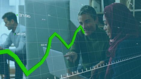 Animation-of-graphs-and-changing-numbers-over-diverse-coworkers-discussing-reports-on-laptop