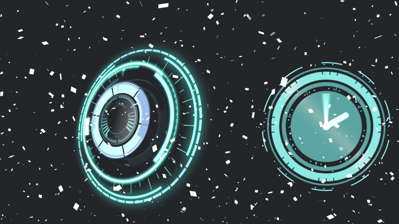 Animation of confetti with scope and clock on black background