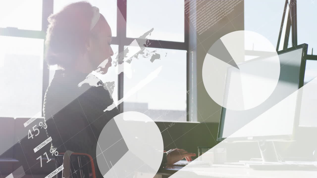 Woman in wheelchair typing at desk in modern office, with animated tech charts and data icons