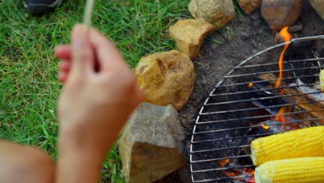 Close-up-of-friends-roasting-hot-dog-and-corn-on-campfire-4k