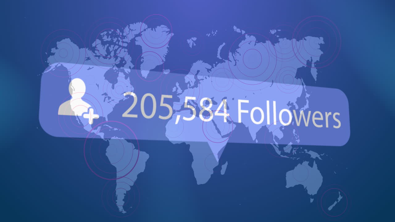 Profile icon with increasing followers against pulsating circles over world map on blue background