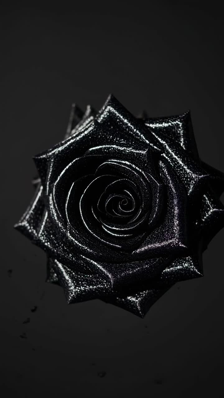 A close-up, top-down view of a black rose with a glossy texture, set against a dark background
