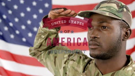 animation of independence day text over soldier saluting and american flag