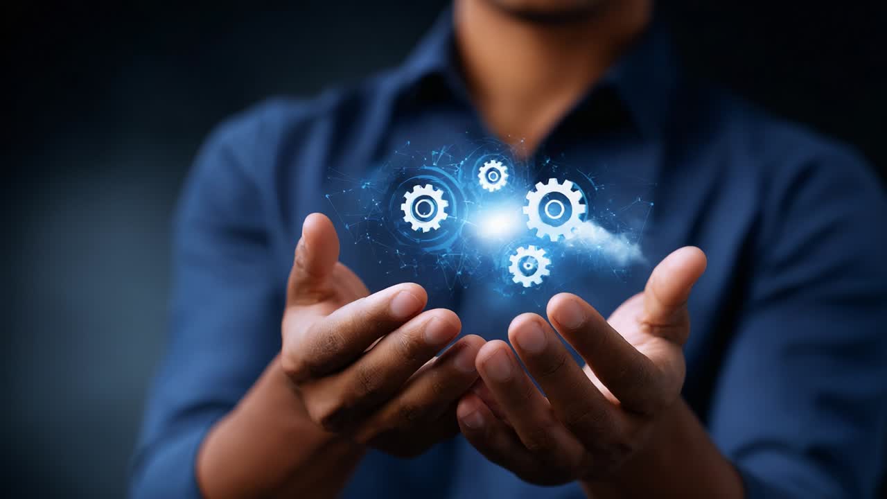 A visionary individual holds glowing gears that symbolize innovation and technology, creating a magical atmosphere of progress and interaction between human and machine in a stunning display