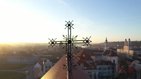 Drone-aerial-view-of-old-town-details-in-Kaunas,-Lithuania