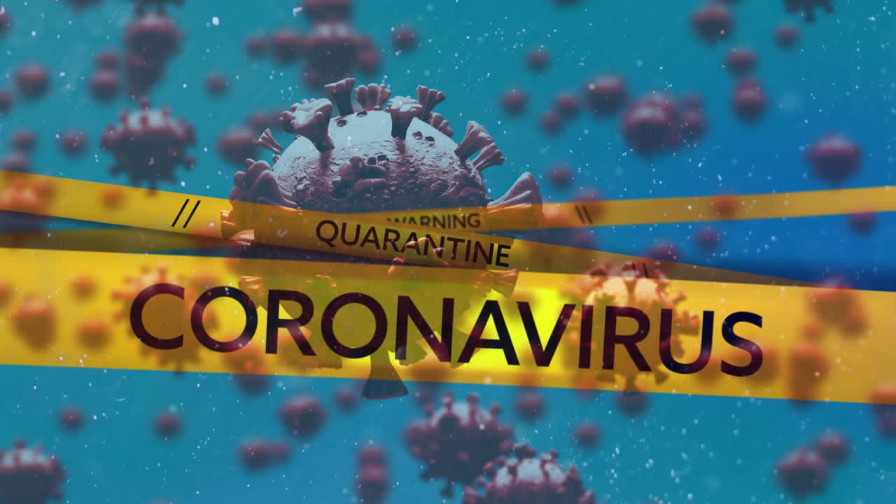 노란색 경찰 테이프와 코로나19 개념 텍스트가 파란색 배경의 여러 코로나19 세포에 대항합니다.