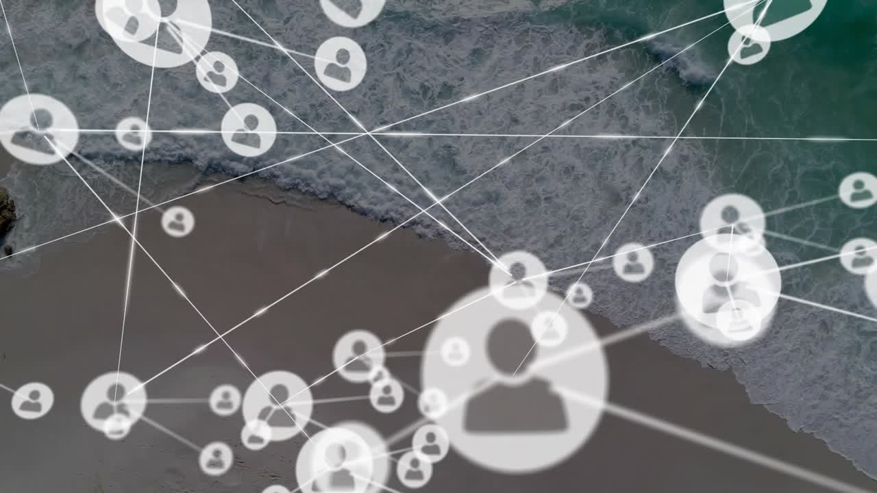 After icon fading in, user icon drawing lines to nodes, forming expanding network over sandy shore