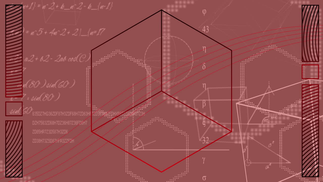 Animation of multiple geometric shapes and scientific data processing on red background