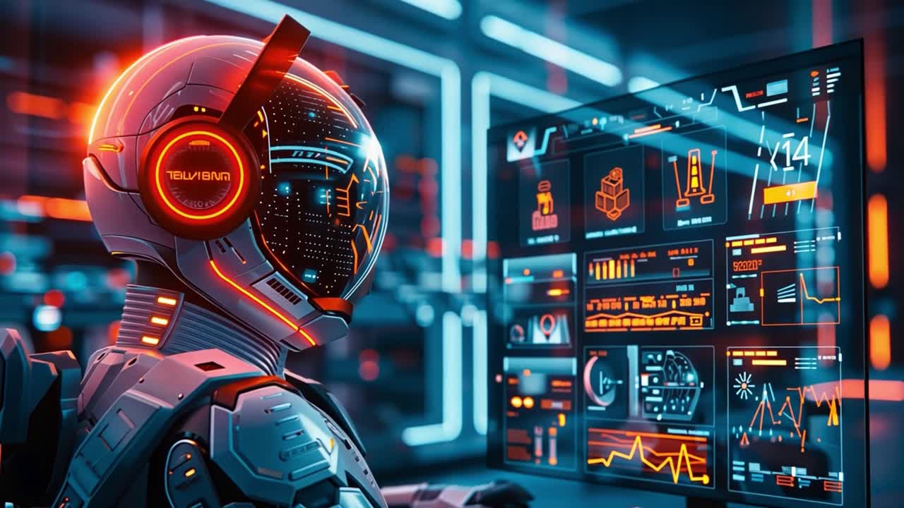 AI Robot Analyzing Complex Data on a Futuristic Display