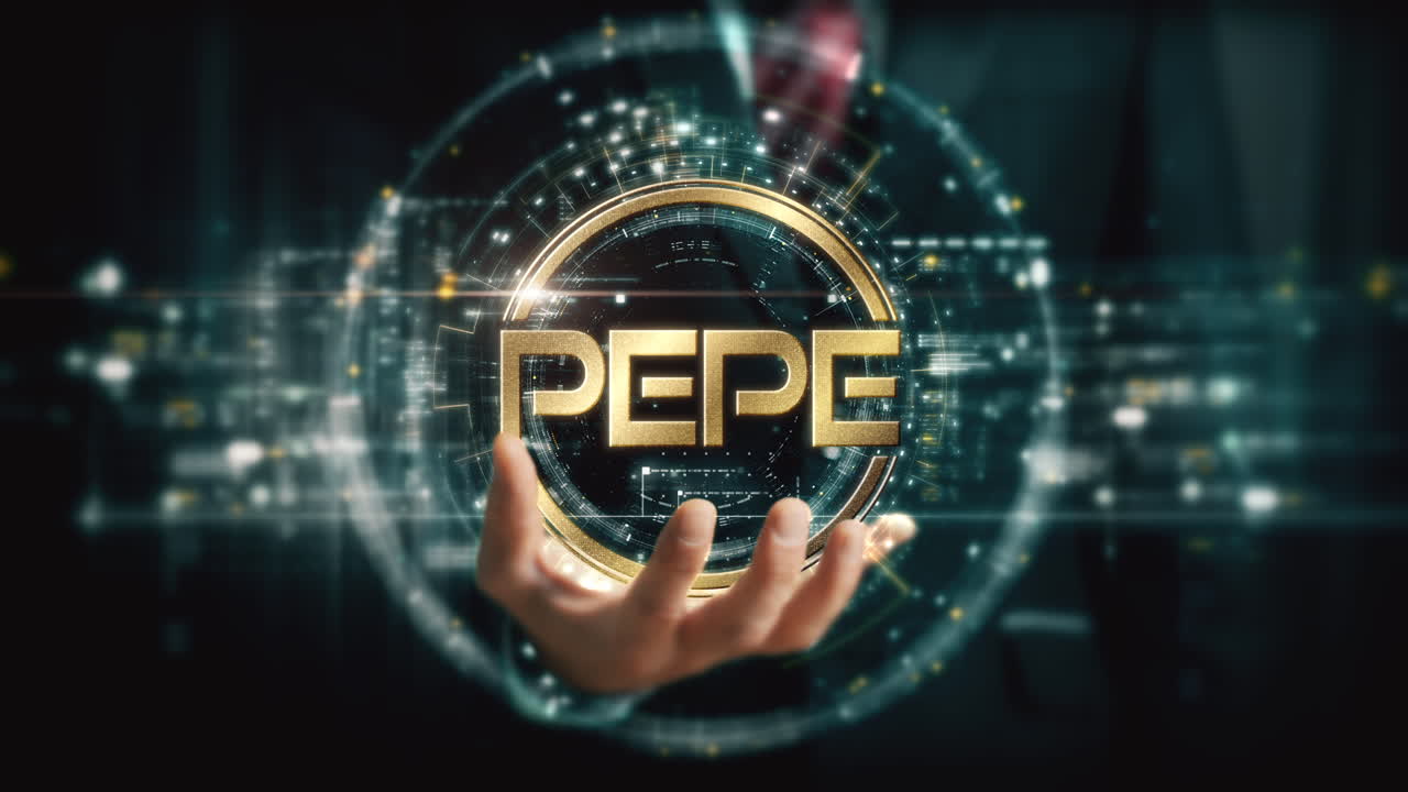 A visionary businessman extends his hand, unveiling a vibrant futuristic holographic display showcasing global crypto trading, business analytics, stock exchanges, and market trends : PEPE