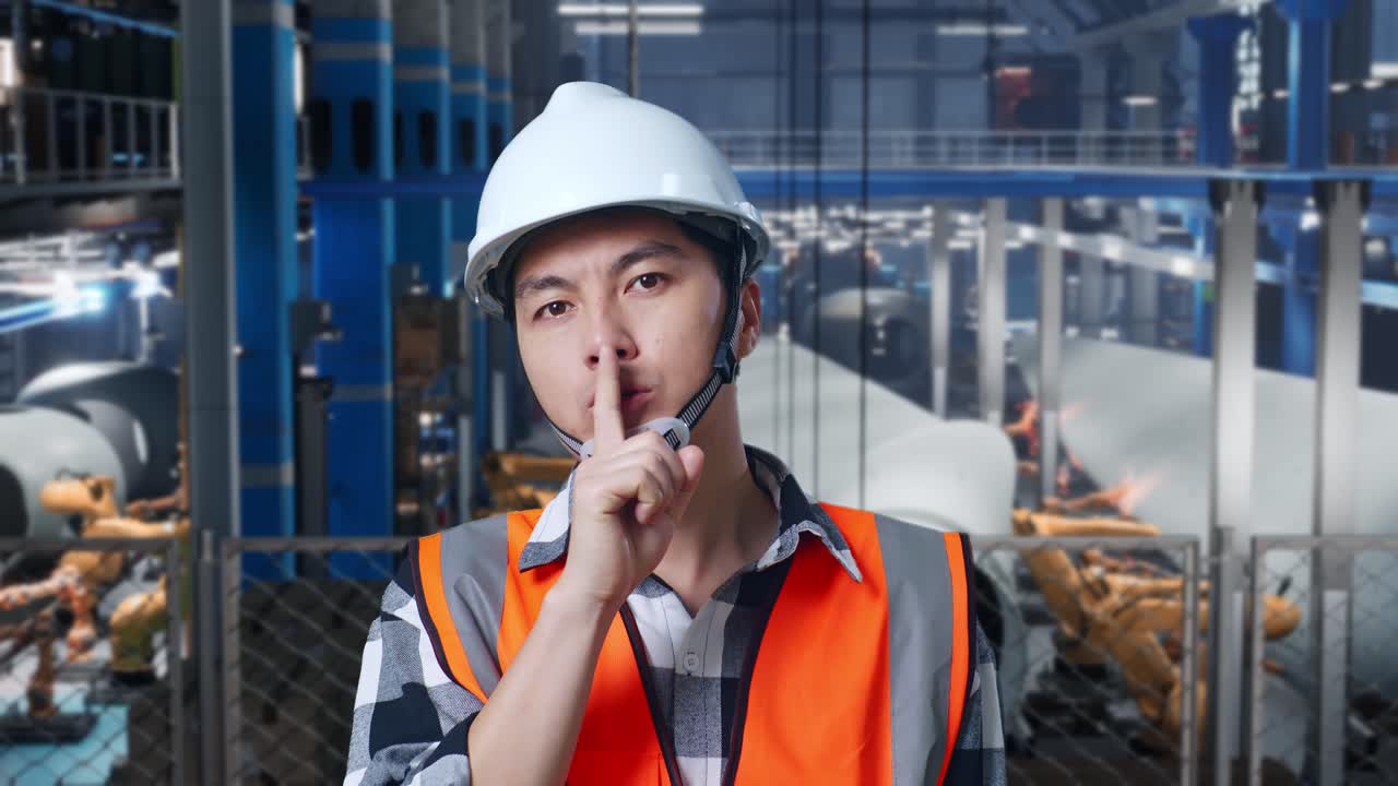 안전 헬을 착용한 아시아 남성 엔지니어가 풍력 터빈을 제조하는 공장에서 서 있는 동안 shh 제스처를 하고 있습니다.
