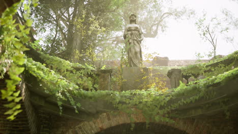 moss covered ruins with a statue surrounded by lush greenery in sunlight