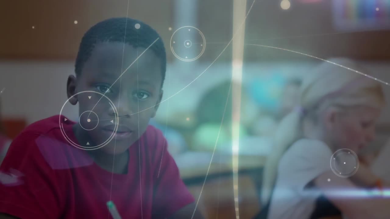 Animation of network of connections over schoolboy writing