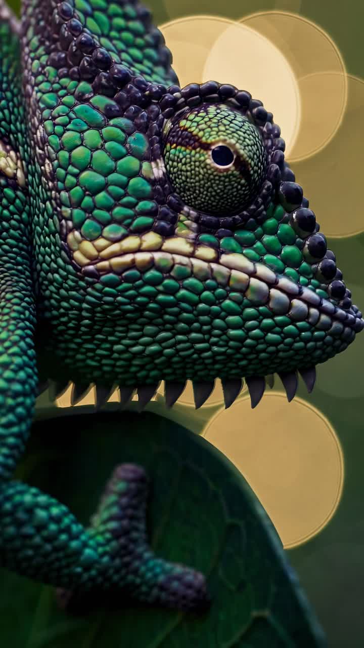 Close-up video of a chameleon with a side angle, highlighting its textured green scales and eye, set