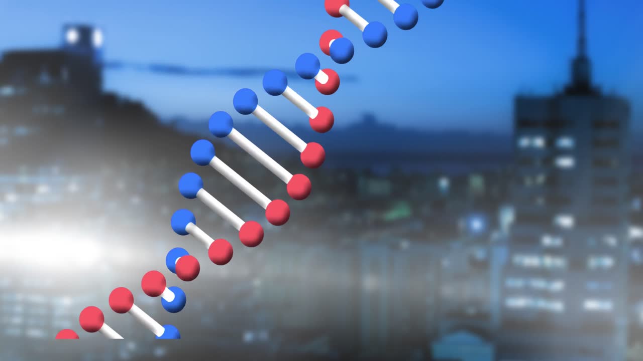 Animation af en roterende DNA-streng over et sløret bylandskab