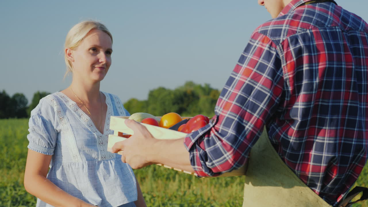 el consumidor toma una caja de verduras frescas de manos del agricultor verduras orgánicas frescas c