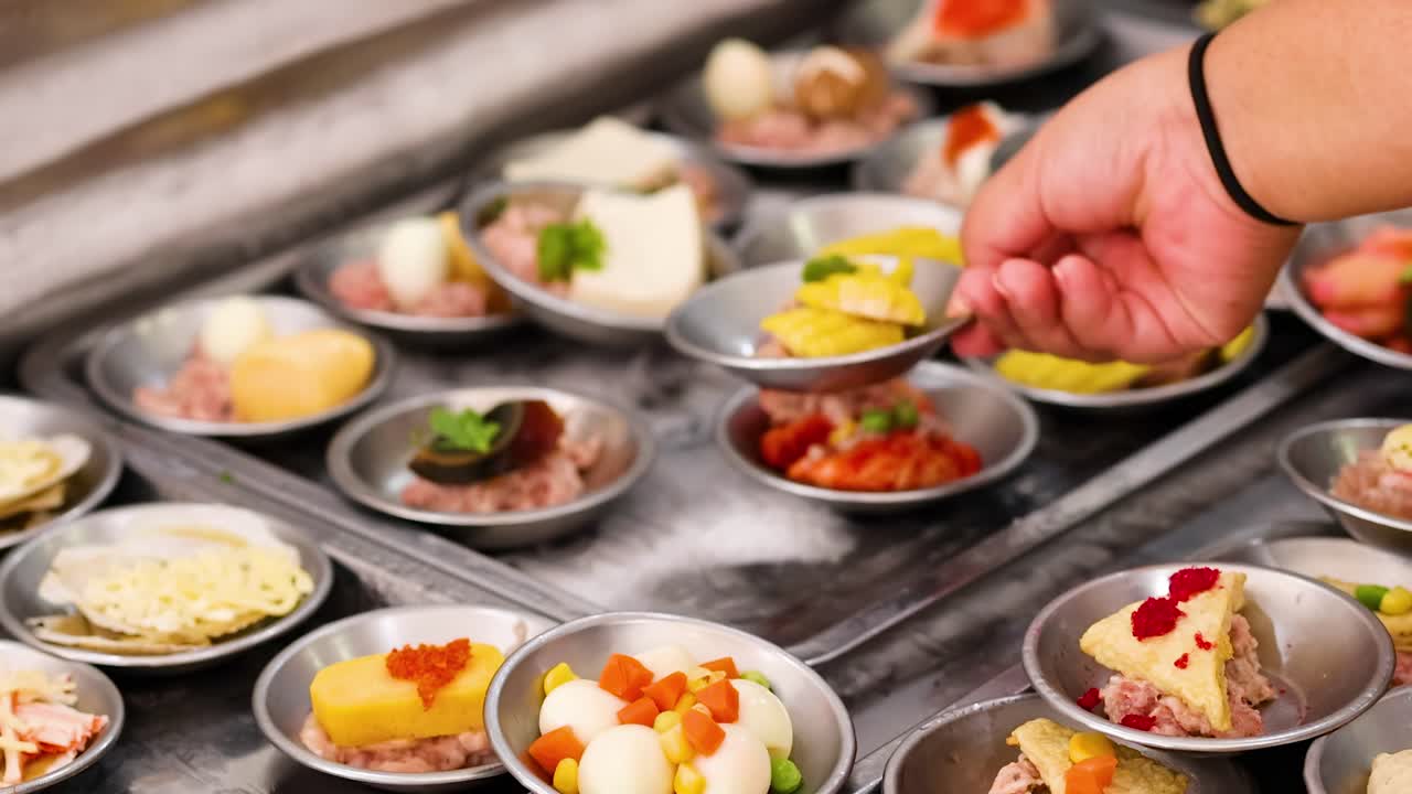 A close-up of a hand arranging colorful dim sum in steaming trays, highlighting vibrant ingredients and intricate details.