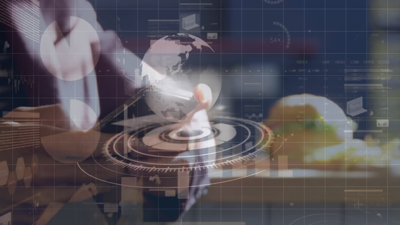 Data processing and globe over a round scanner against mid section of a person using smartphone