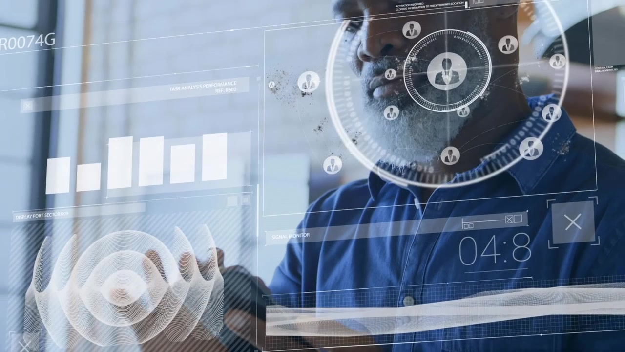 Mature Man Using Smartphone with Augmented Reality Data Overlay
