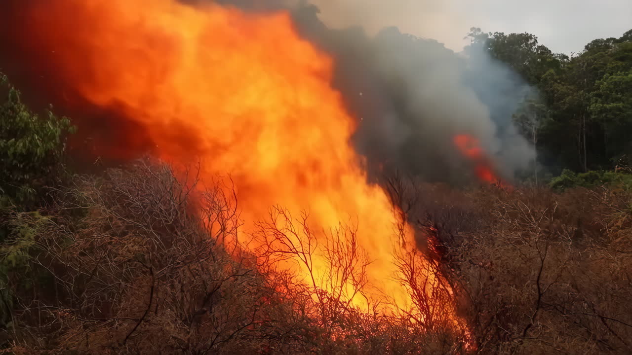 Large Wildfire Raging in a Forested Area with Intense Flames and Smoke