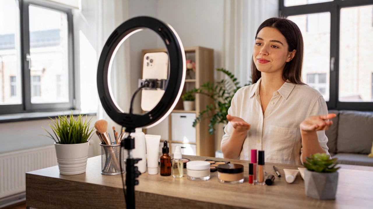 Starting phone recording, creator wearing light blouse showing makeup on table at home, ring light